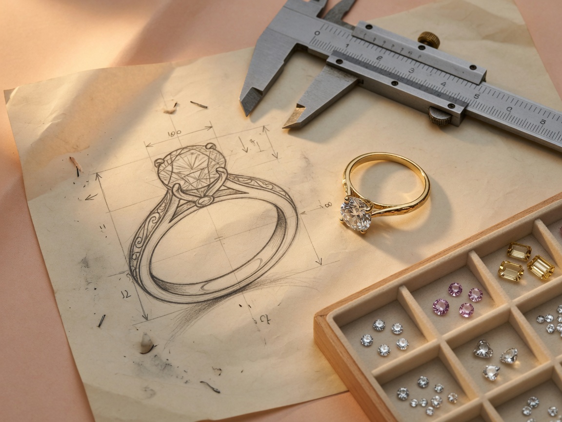 Pencil sketch of a diamond ring beside a finished gold ring and gem tray