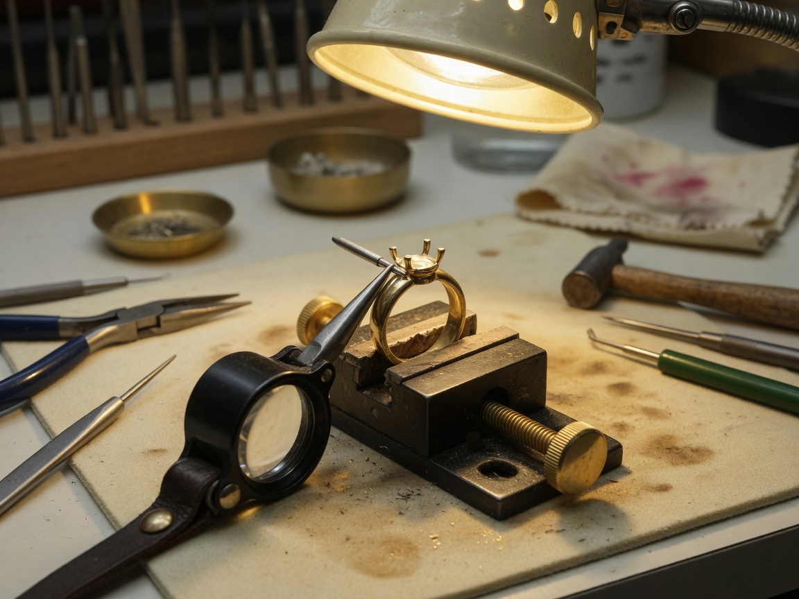 Gold ring in a jeweler’s vise under a bench lamp